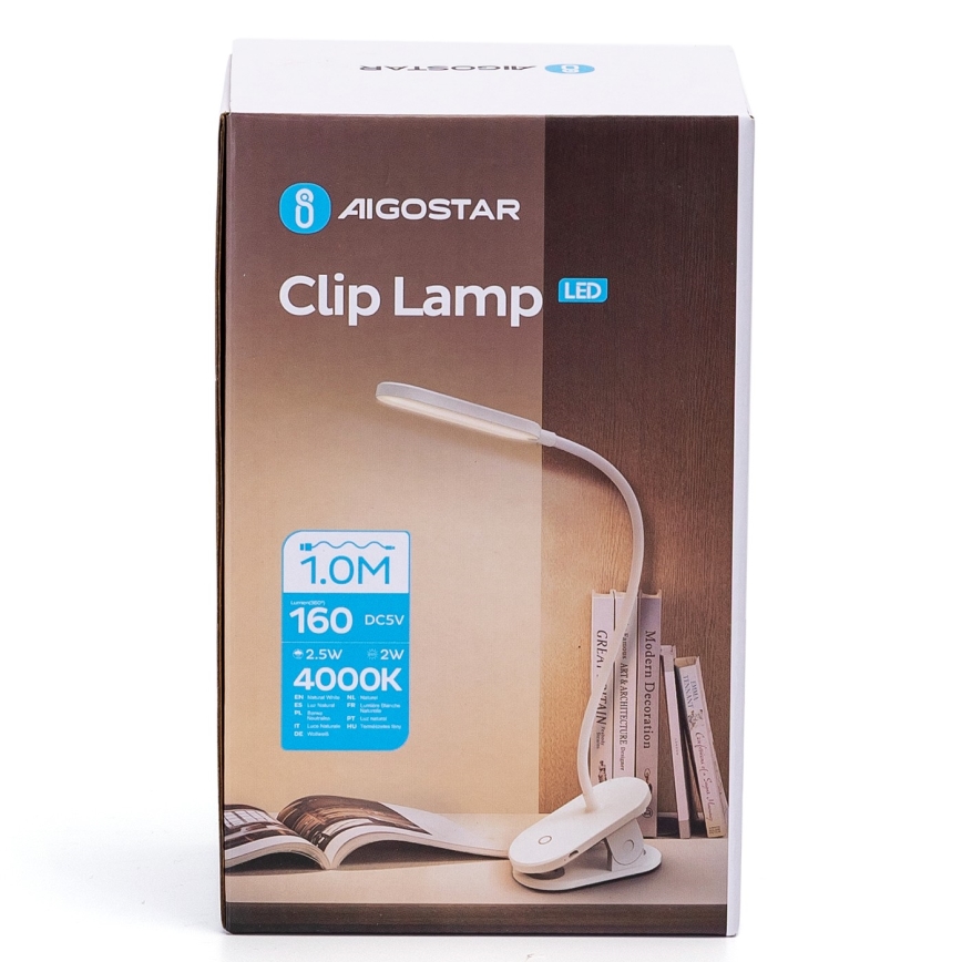 Aigostar - LED Prigušiva punjiva stolna lampa s kopčom LED/2,5W/5V 1200mAh bijela