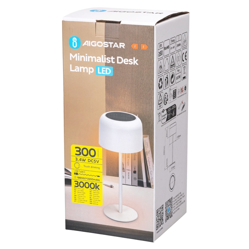 Aigostar - LED Solarna prigušiva punjiva stolna lampa LED/3W/5V 2200mAh bijela IP54