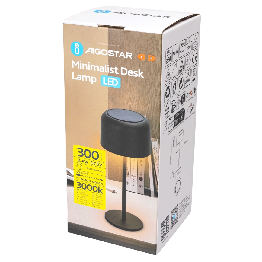 Aigostar - LED Solarna prigušiva punjiva  stolna lampa LED/3W/5V 2200mAh crna IP54