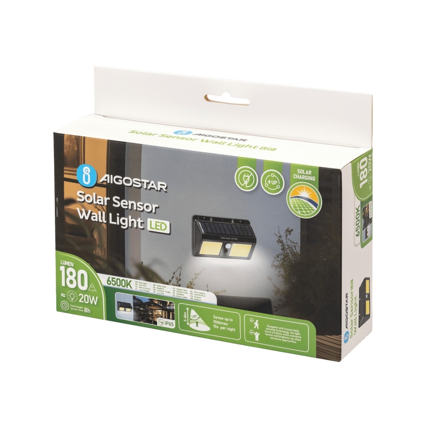 Aigostar - LED Solarna zidna svjetiljka sa senzorom LED/20W/5,5V 6500K IP65
