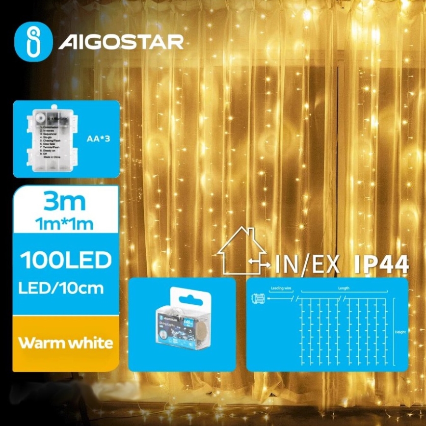 Aigostar - LED Vanjske božićne lampice 100xLED/8 funkcija 3xAA 4x1m IP44 topla bijela