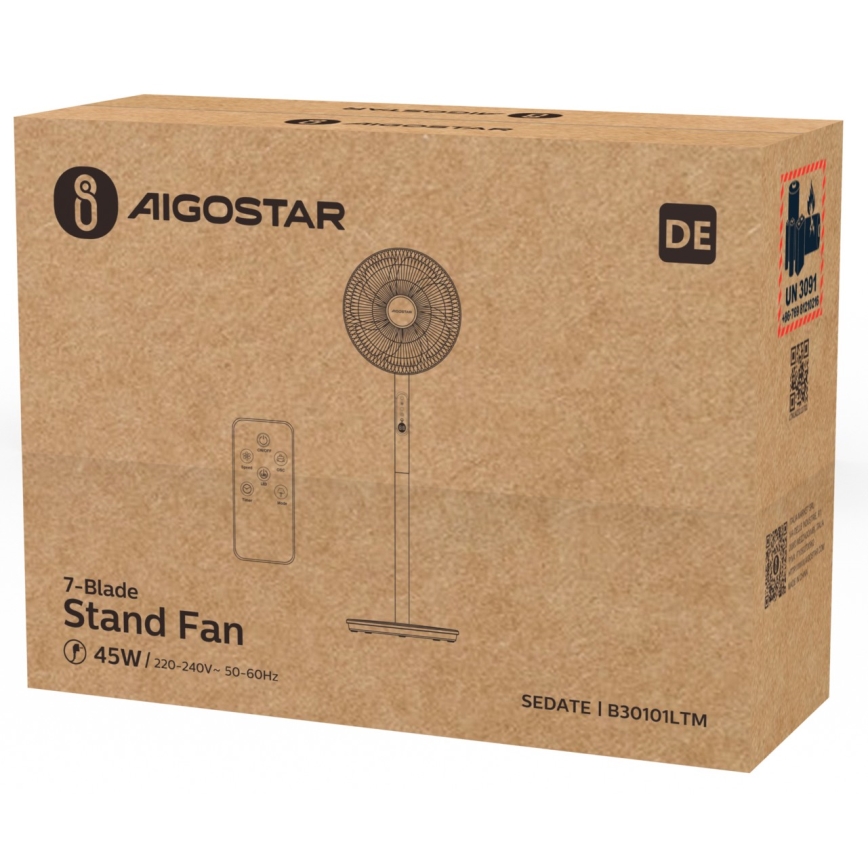 Aigostar - Podni ventilator 45W/230V bijela + daljinski upravljač