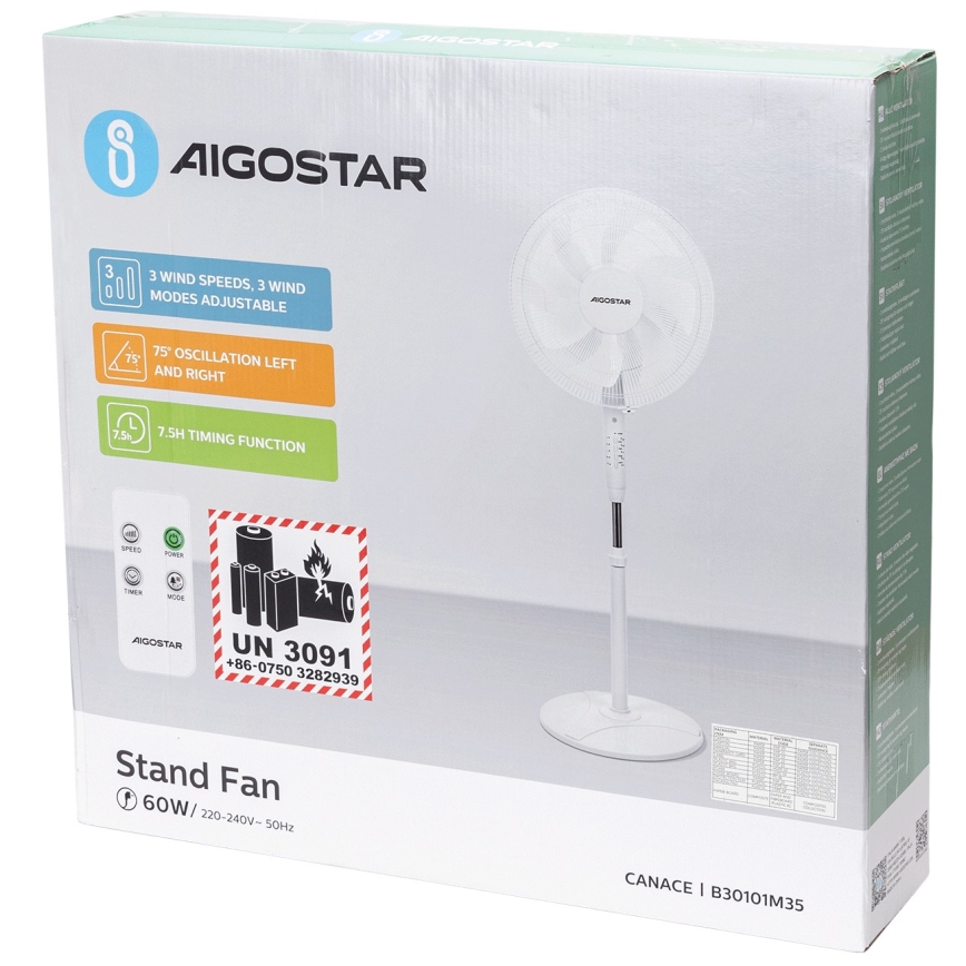 Aigostar - Podni ventilator 60W/230V bijela + daljinski upravljač