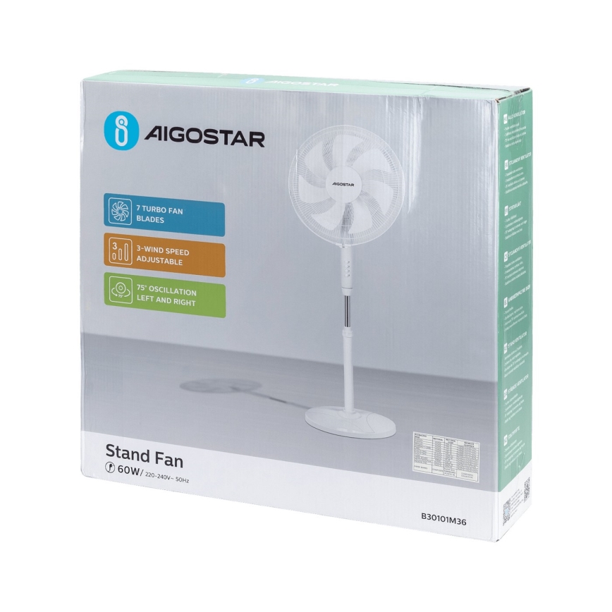 Aigostar - Podni ventilator 60W/230V bijela