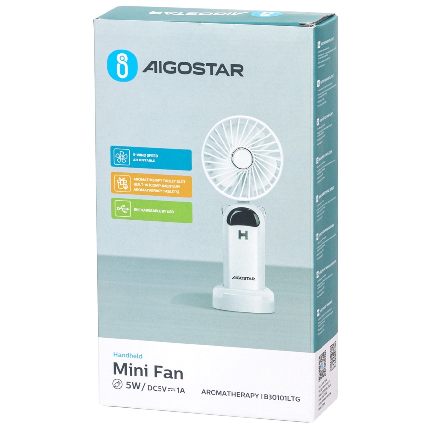 Aigostar - Punjivi ručni ventilator 4W/5V 1200mAh bijela