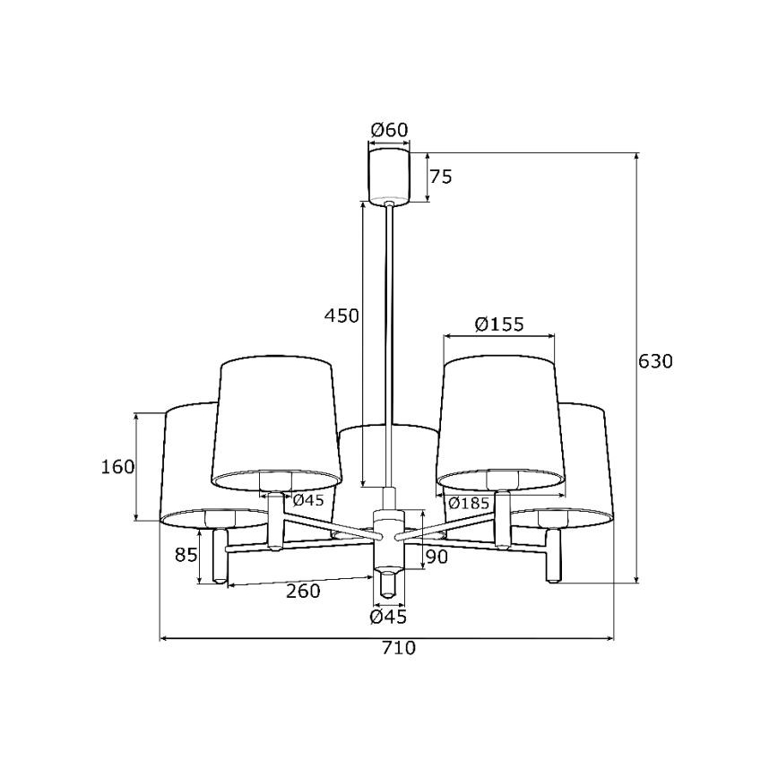 Argon 2107 - Viseći luster PONTE 5xE27/15W/230V mesing/crna