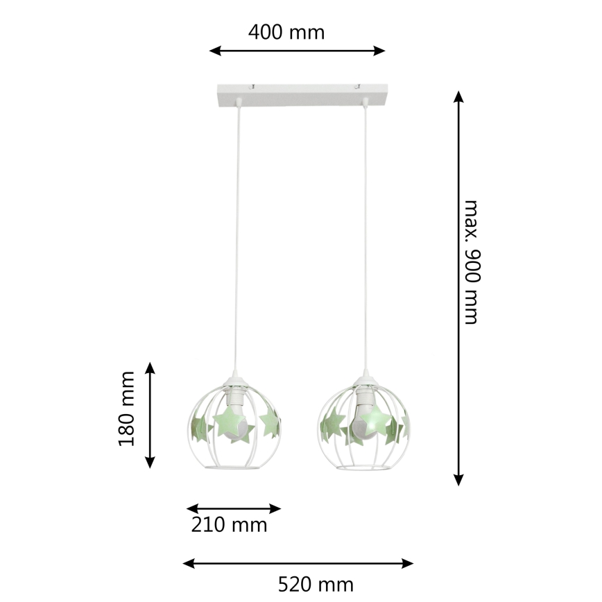 Dječji luster na sajli STARS 2xE27/15W/230V zelena/bijela