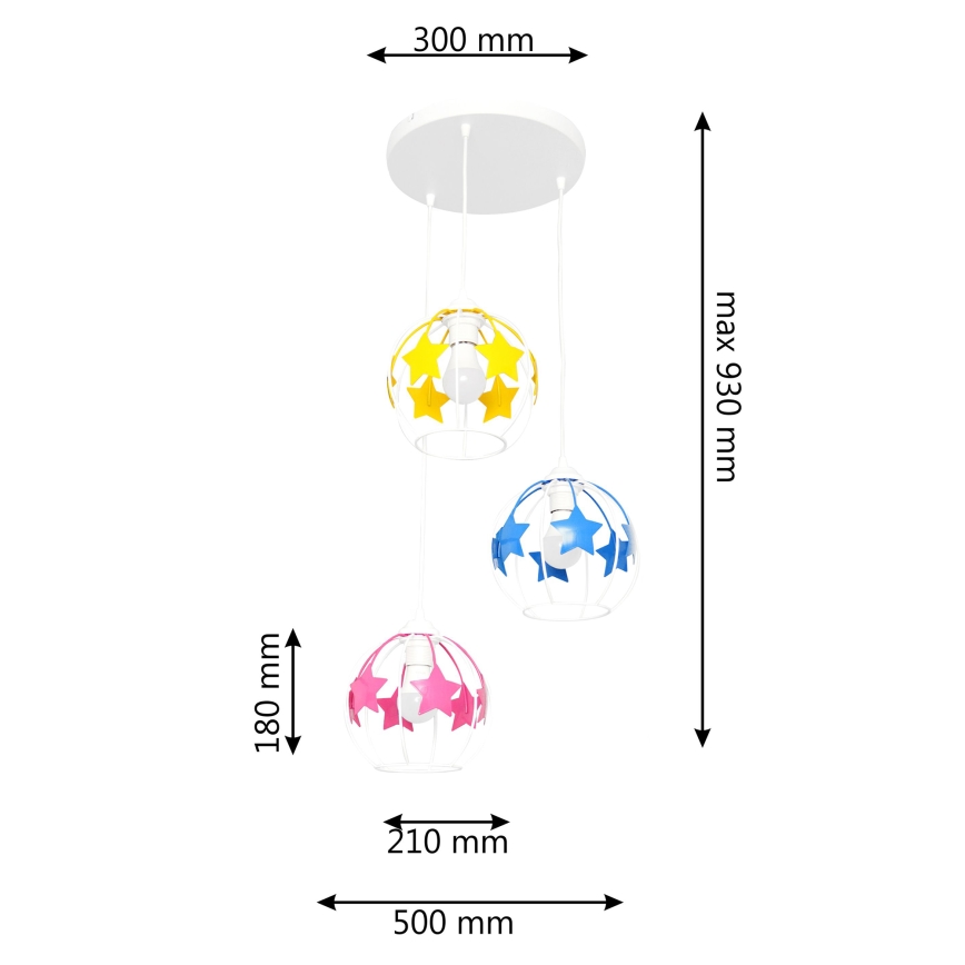 Dječji luster na sajli STARS 3xE27/15W/230V plava/ružičasta/žuta