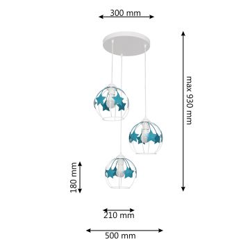 Dječji luster na sajli STARS 3xE27/15W/230V tirkizna/bijela
