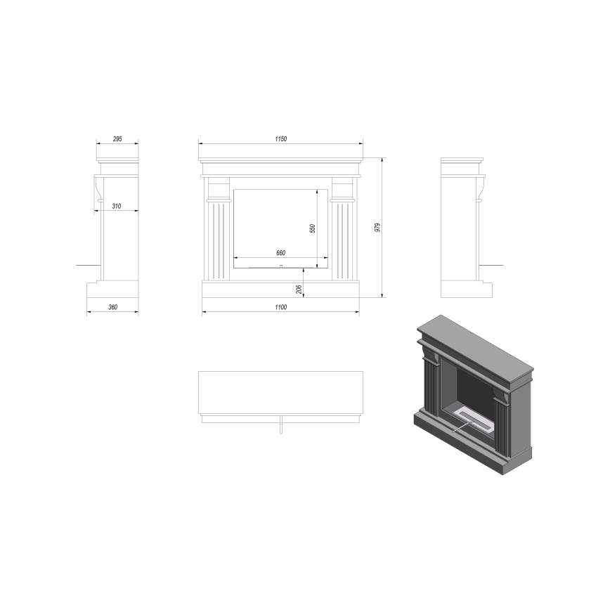 Kratki - BIO kamin 97,9x115 cm 3kW bijela