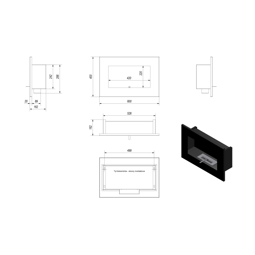 Kratki - Ugradbeni BIO kamin 40x60 cm 2kW crna