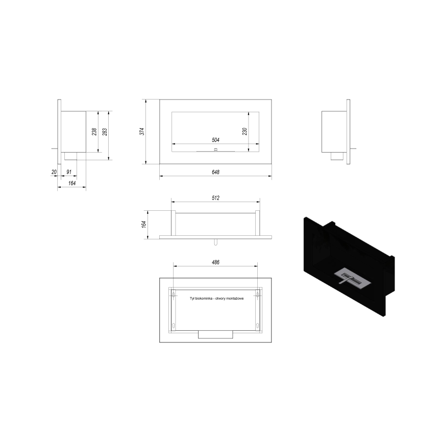 Kratki - Ugradbeni BIO kamin 37,4x64,8 cm 1kW crna