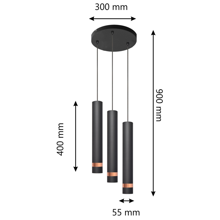 LED Luster na sajli TUBA 3xGU10/4,8W/230V crna/bakrena