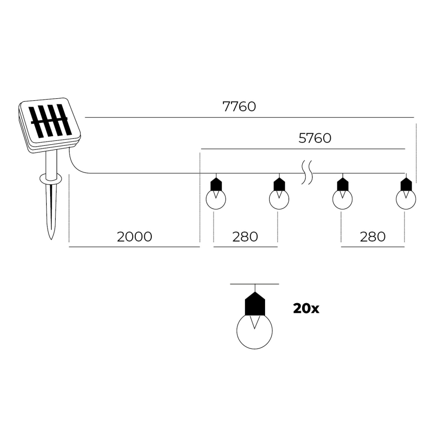 LED - Solární lanac 20xLED/0,12W/1,2V 1xAA IP44 3000K