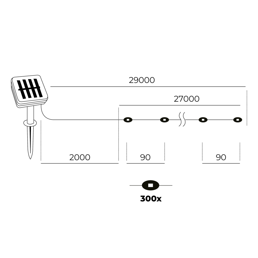 LED - Solarni lanac 300xLED/0,12W/1,2V 1xAA 27 m IP44 3000K