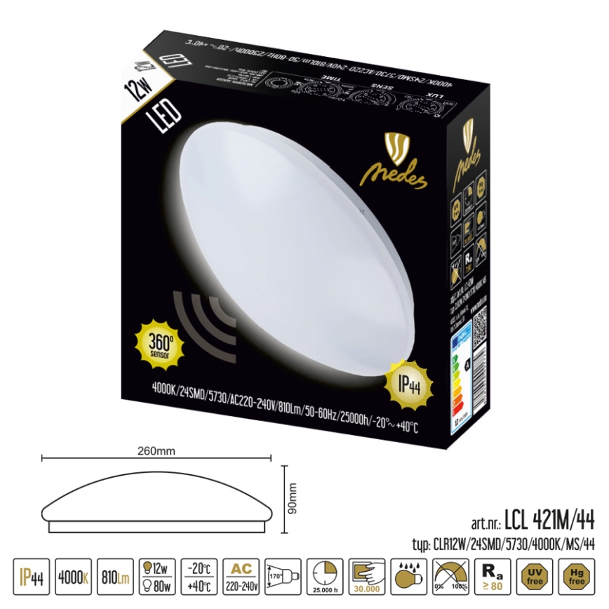 LED Stropna svjetiljka za kupaonicu LED/12W/230V sa senzorom IP44