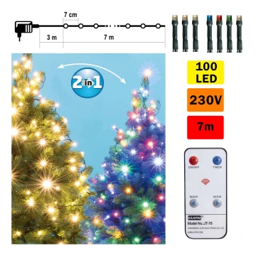 LED Vanjski Božićni lanac 100xLED 10m IP44 topla bijela/multicolor + daljinski upravljač