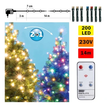 LED Vanjski Božićni lanac 200xLED 17m IP44 topla bijela/multicolor + daljinski upravljač