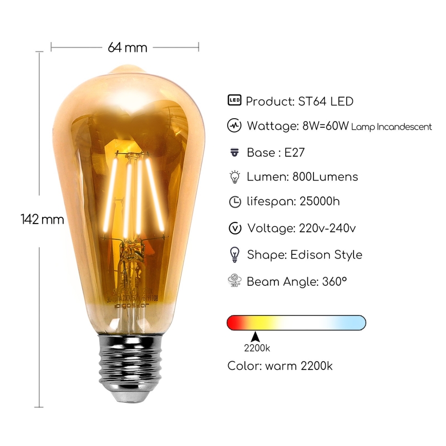 LED Žarulja ST64 E27/8W/230V 2200K - Aigostar