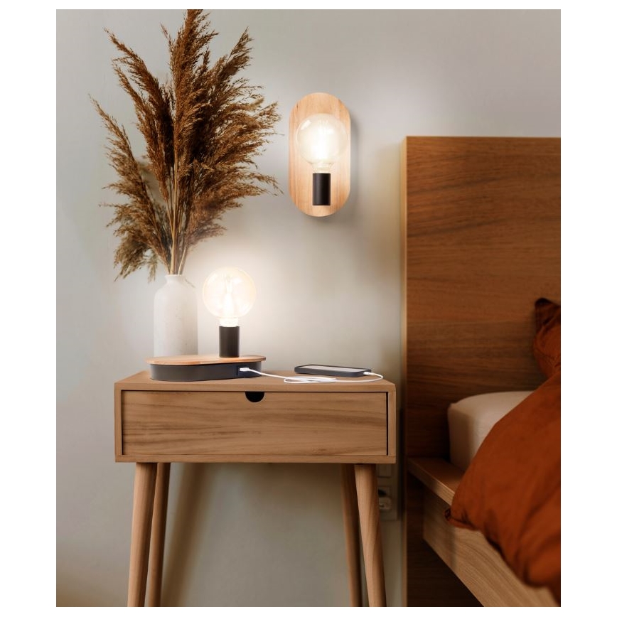 Ledvance - Stolna lampa na dodir s USB konektorom DECOR WOOD 1xE27/8W/230V kaučukovac