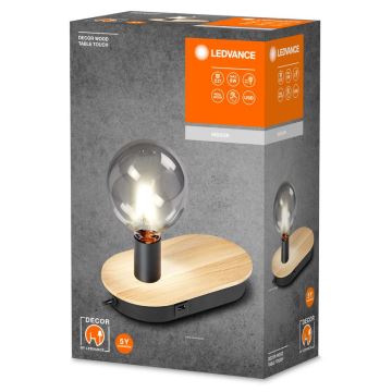 Ledvance - Stolna lampa na dodir s USB konektorom DECOR WOOD 1xE27/8W/230V kaučukovac