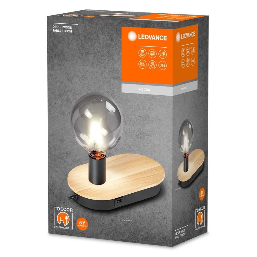 Ledvance - Stolna lampa na dodir s USB konektorom DECOR WOOD 1xE27/8W/230V kaučukovac