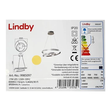 Lindby - LED Prigušivi luster na sajli SMART VERIO LED/27W/230V 3000/4000/6000K + DU