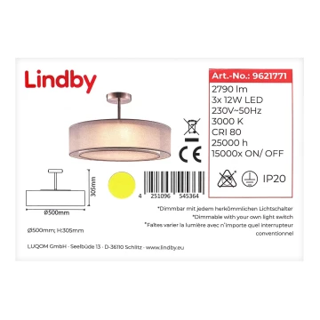 Lindby - LED Prigušivi luster sa šipkom PIKKA 3xLED/12W/230V