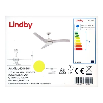 Lindby - Stropni ventilator EMANUEL 2xE14/42W/230V + daljinski upravljač