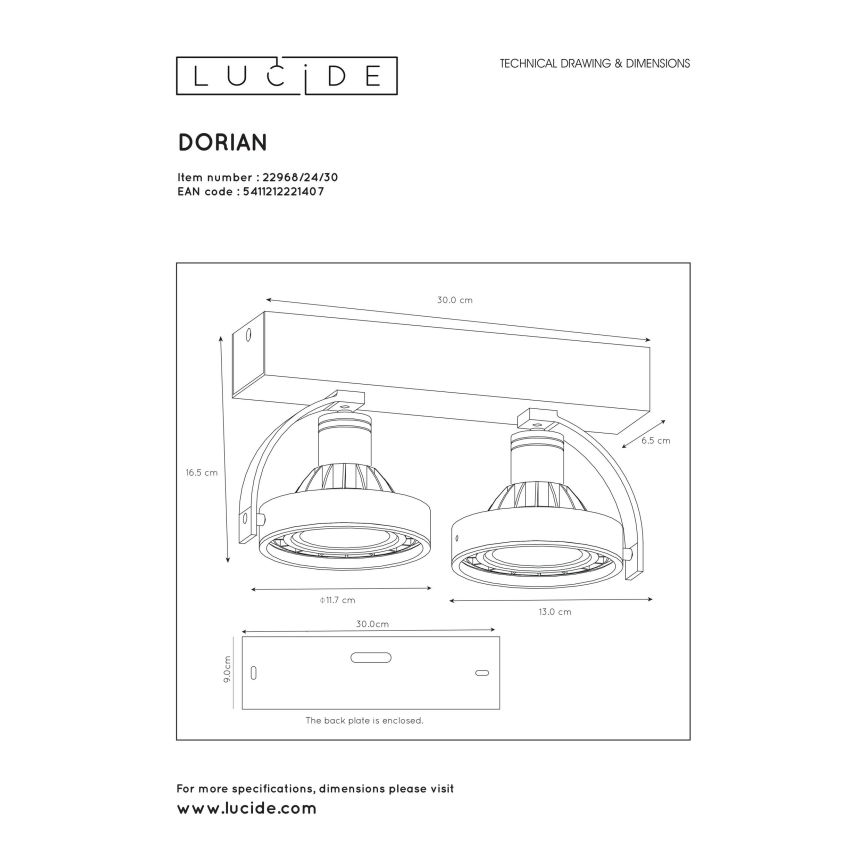 Lucide 22968/24/30 - LED prigušiva reflektorska svjetiljka DORIAN 2xGU10/12W/230V