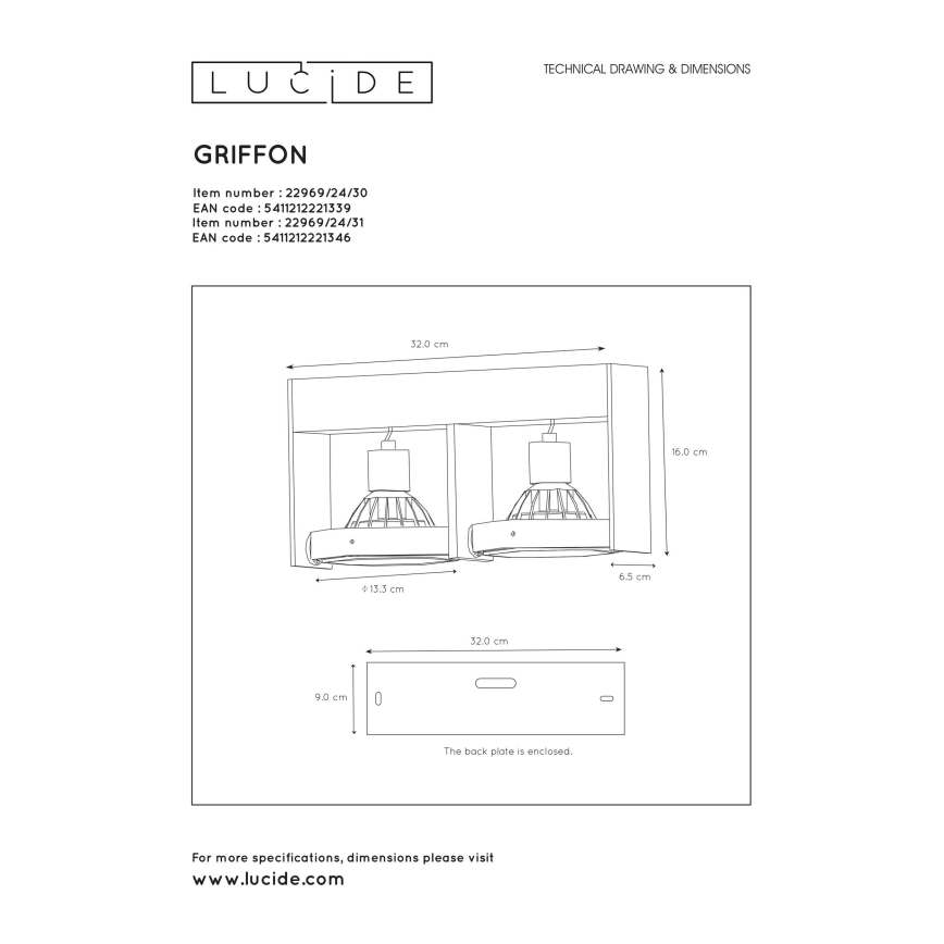 Lucide 22969/24/31 - LED prigušiva reflektorska svjetiljka GRIFFON 2xGU10/12W/230V