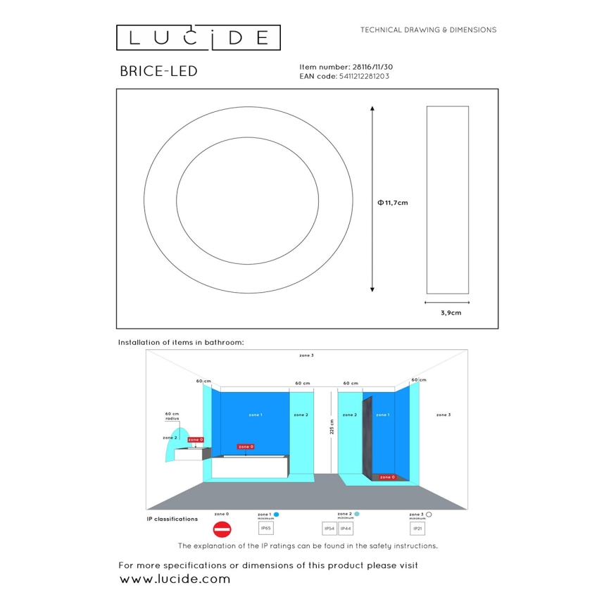 Lucide 28116/11/30 - LED prigušiva svjetiljka za kupaonicu BRICE LED/8W/230V IP44