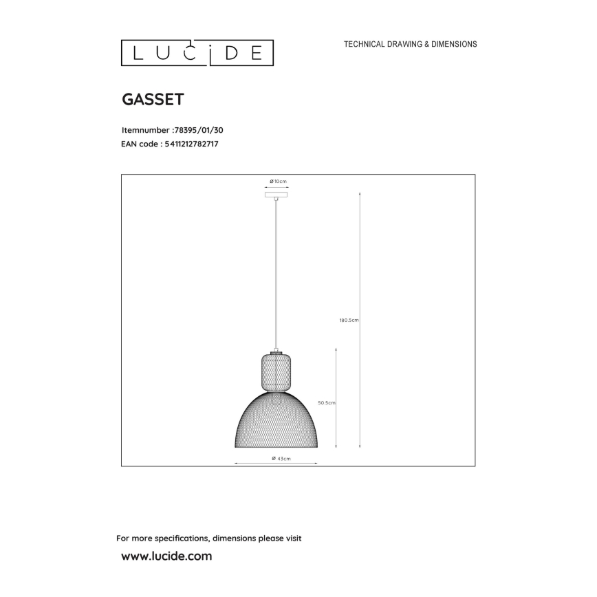Lucide 78395/01/30 - Luster na sajli GASSET 1xE27/60W/230V crna