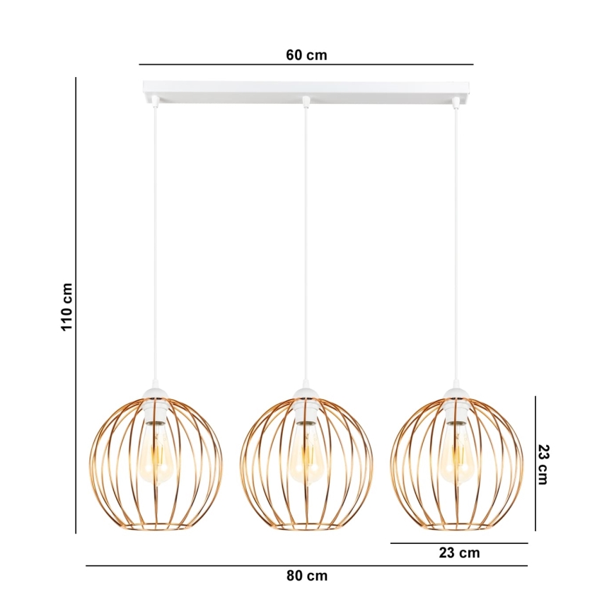 Luster na sajli MATT 3xE27/60W/230V bijela/bakrena