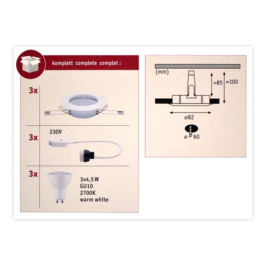 Paulmann 93655 - SET 3xLED-GU10/4,5W Ugradbena svjetiljka 230V