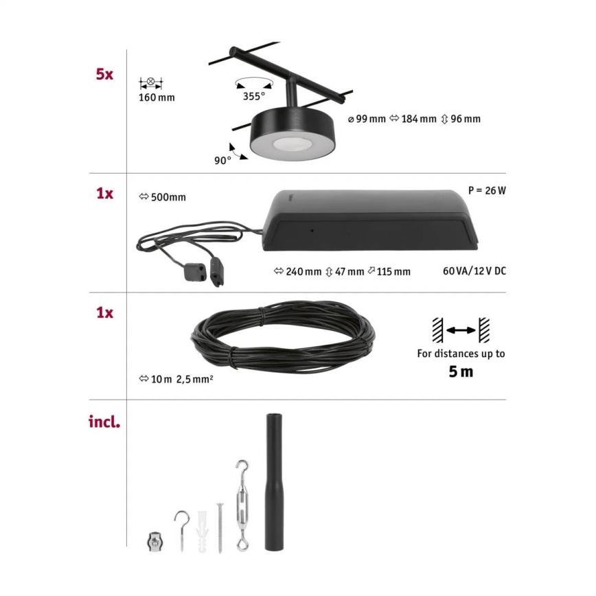 Paulmann 94479 - SET 5xLED/5W Reflektorska svjetiljka za tračni sustav CIRCLE 230V crna