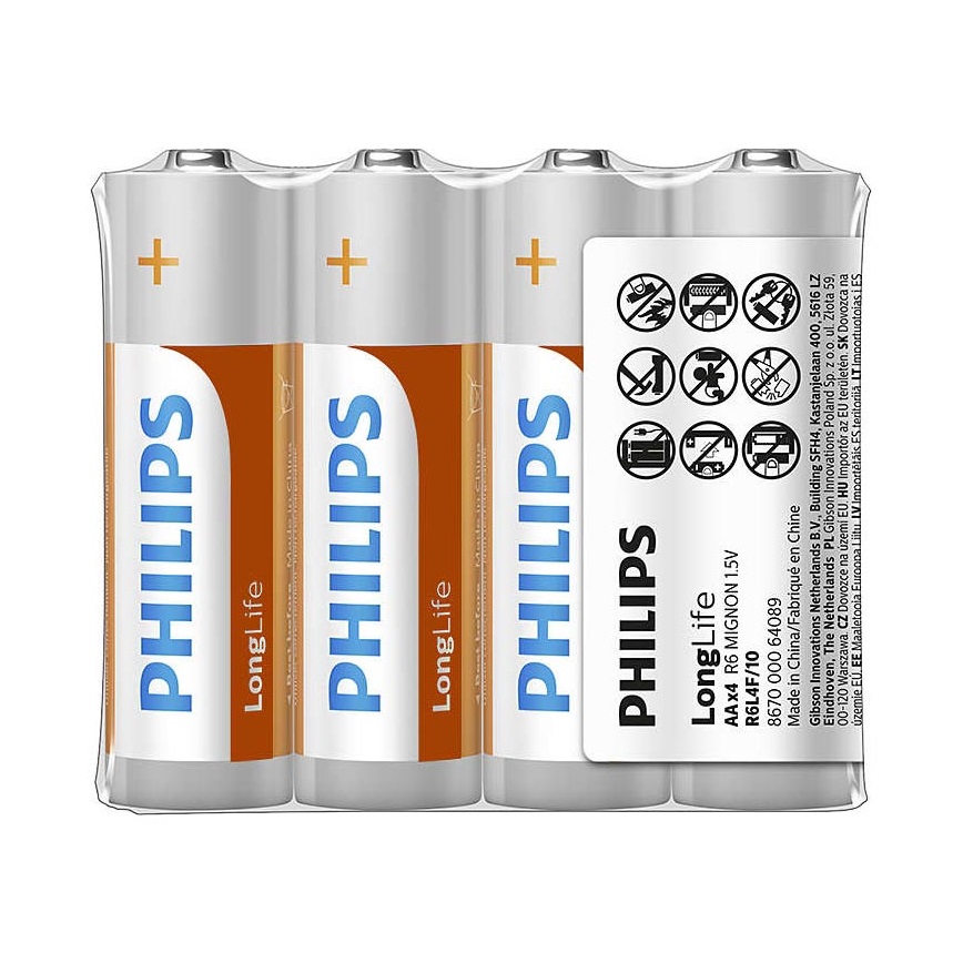 Philips R6L4F/10 - 4 kmd Cink-klorid baterija AA LONGLIFE 1,5V 900mAh