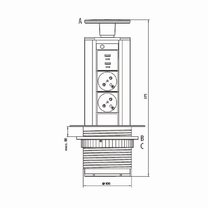 Priključni stup s utičnicama za ploču stola 2x230V +USB-A 3,1A +UBS-C 15,5W 230V