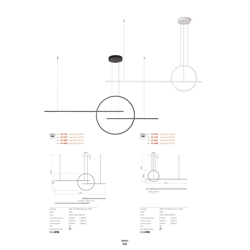 Redo 01-1736 - LED Prigušivi luster na sajli GIOTTO LED/56W/230V bijela