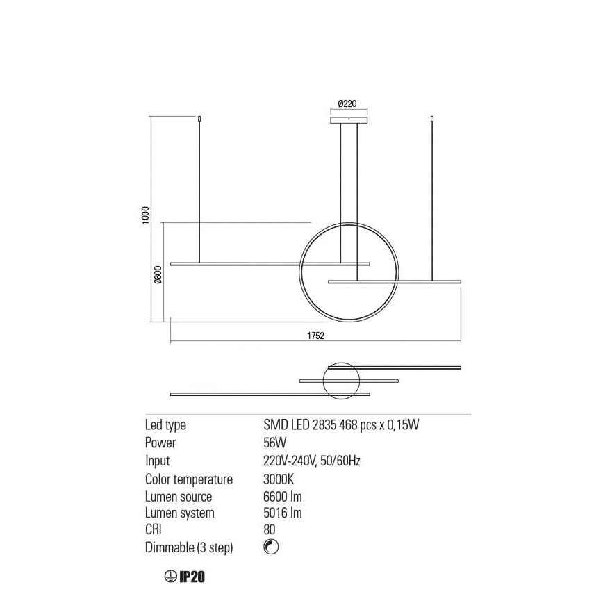 Redo 01-1736 - LED Prigušivi luster na sajli GIOTTO LED/56W/230V bijela