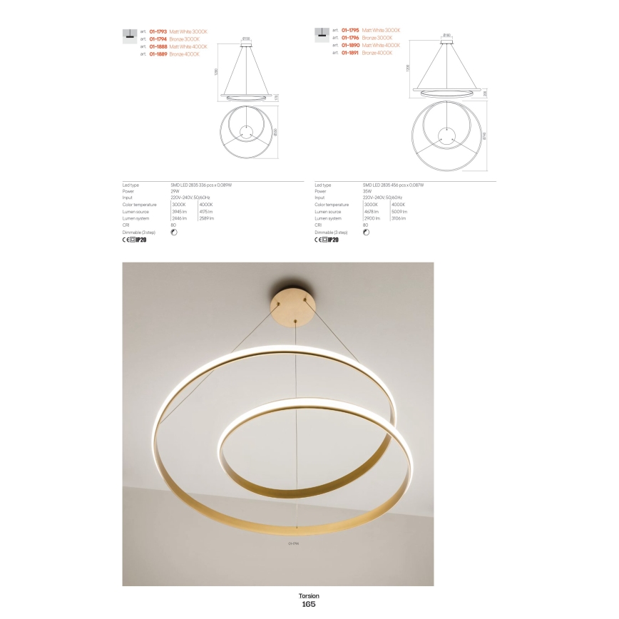 Redo 01-1794 - LED Prigušivi luster na sajli TORSION LED/29W/230V pr. 55 cm bronca