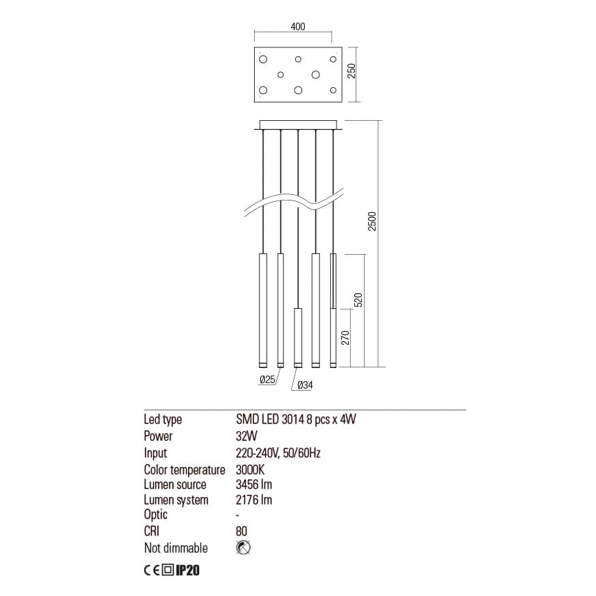 Redo 01-2046 - LED Luster na sajli MADISON 8xLED/4W/230V zlatna