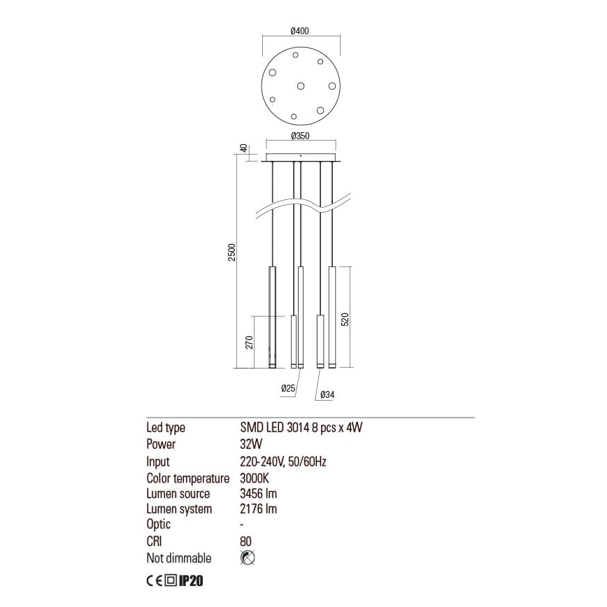 Redo 01-2051 - LED Luster na sajli MADISON 8xLED/4W/230V bakar