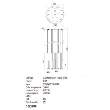 Redo 01-2061 - LED Luster na sajli MADISON 16xLED/4W/230V sjajni krom/crna/bakar