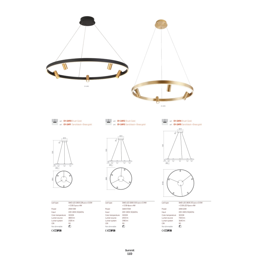 Redo 01-2490 - LED Luster na sajli SUMMIT LED/38W/230V CRI 90 pr. 61,6 cm zlatna