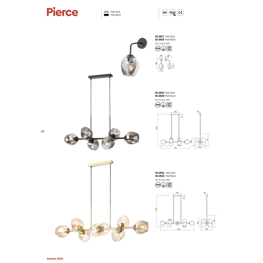 Redo 01-2622 - Luster na sajli PIERCE 8xE27/42W/230V crna