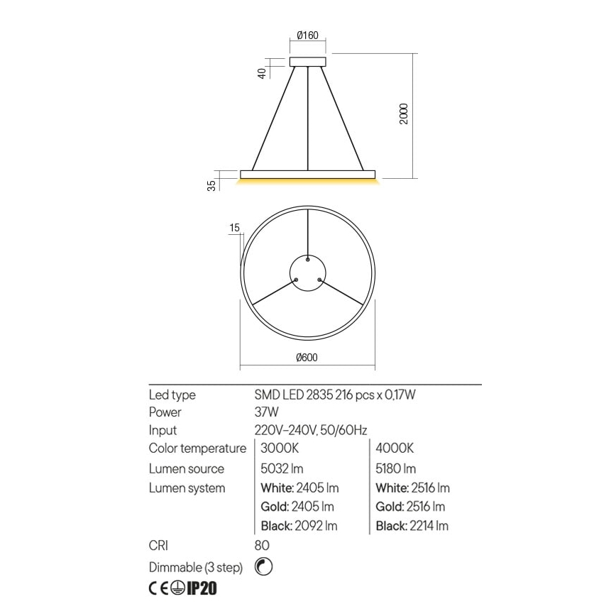 Redo 01-2865 - LED Prigušivi luster na sajli FEBE LED/37W/230V zlatna