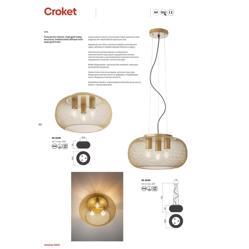 Redo 01-3140 - Luster na sajli CROKET 3xE27/42W/230V pr. 40 cm zlatna