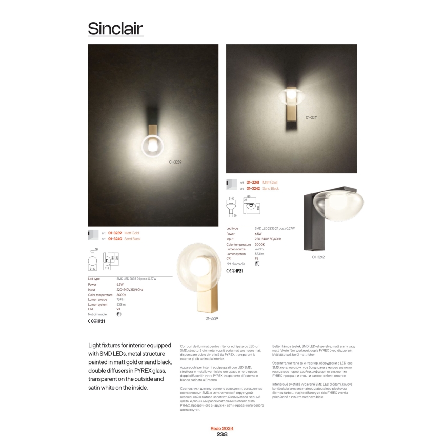 Redo 01-3240 - LED Zidna svjetiljka SINCLAIR LED/6,5W/230V CRI 93 IP21 crna