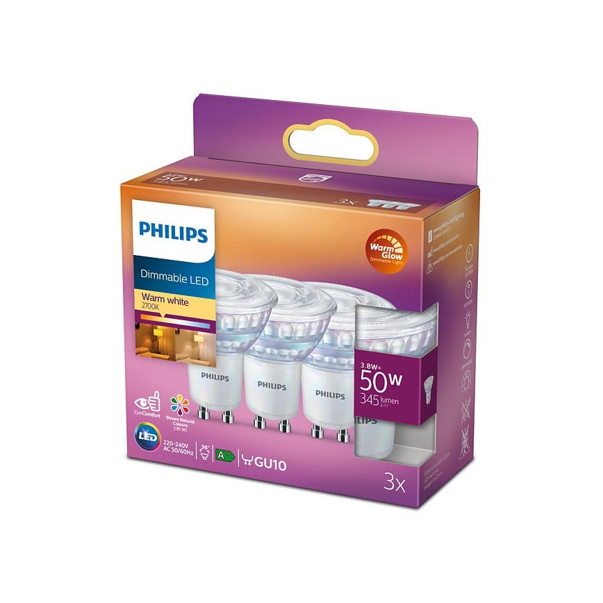 SET 3x LED Prigušiva žarulja Philips Warm Glow GU10/3,8W/230V 2200-2700K CRI 90